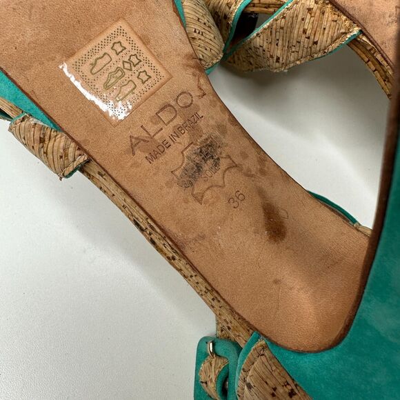 Aldo Platform Turquoise Suede & Tan Cork Stiletto Heel Ankle Strap Sandal 5.5 - Picture 14 of 16